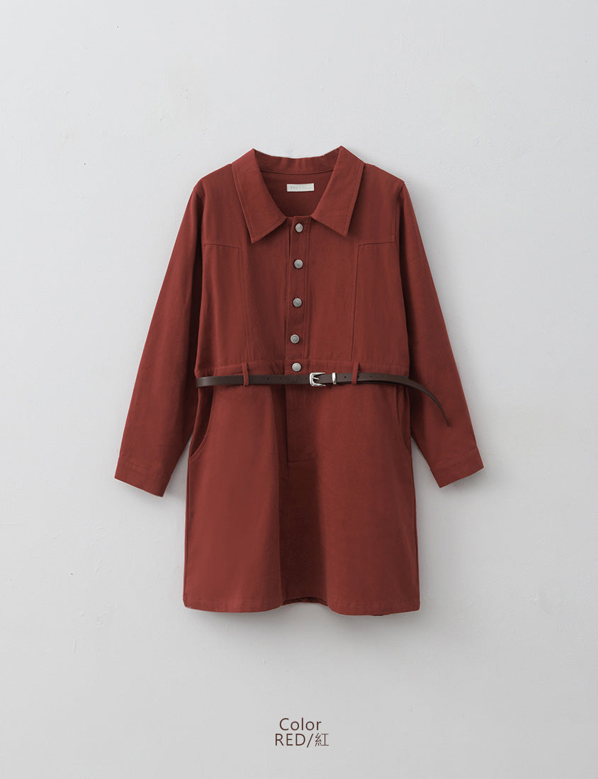 Twill Colorblock Topstitched Button-Up Plus Size Mini Dress (With Belt)