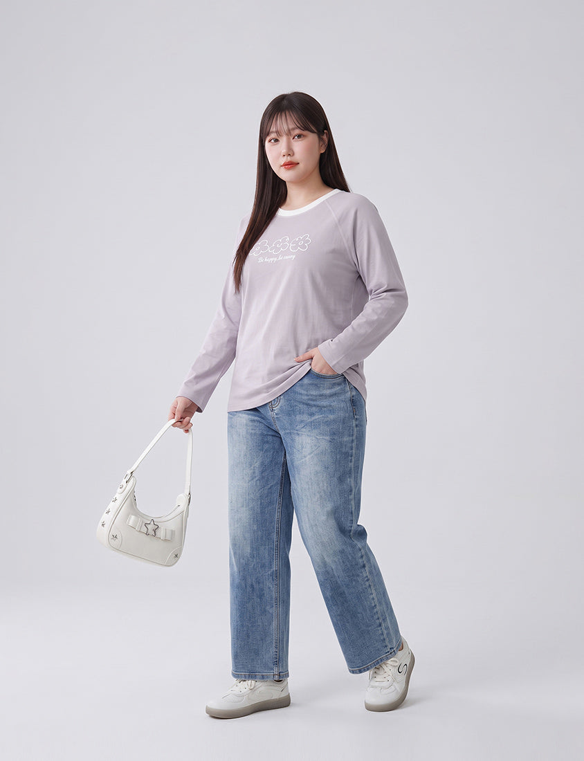 Contrast Floral Puff Print Long-Sleeve Plus Size Tee