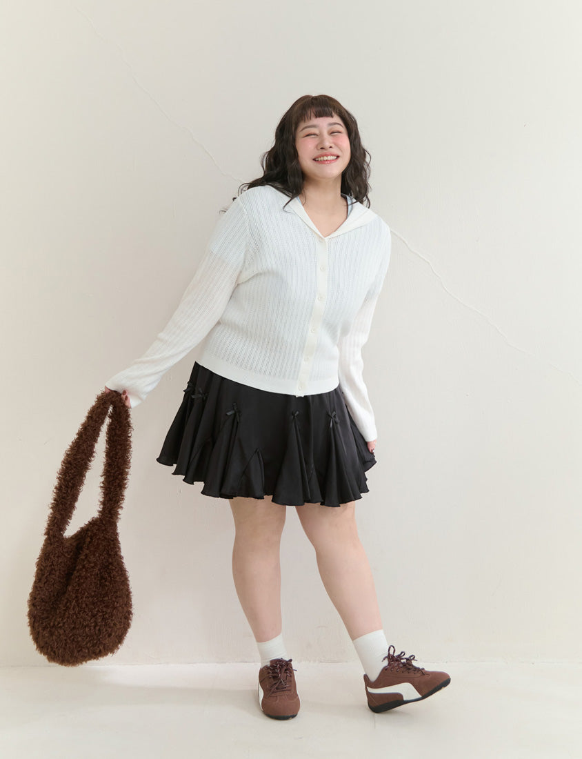 Openwork Knit Hooded Button-Up Plus Size Long Sleeve Cardigan