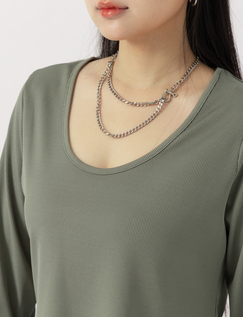 MUA! U-Neck Ribbed Curved Hem Plus Size Long Sleeve Top