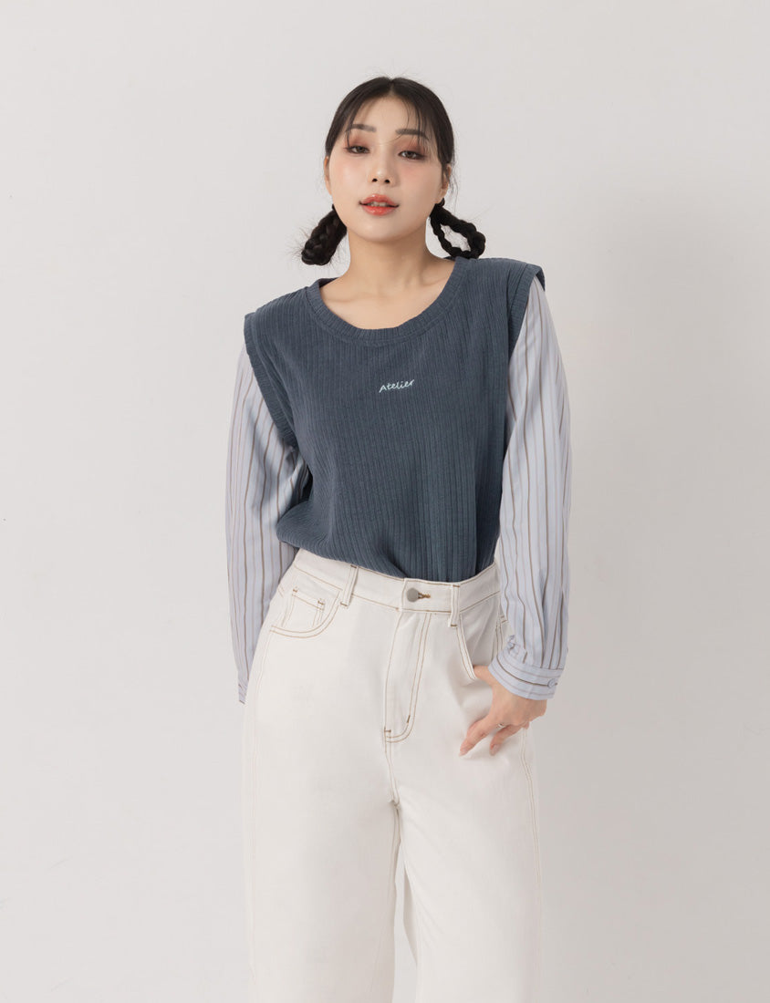 Round Neck Faux Layered Small Embroidery Plus Size Striped Top
