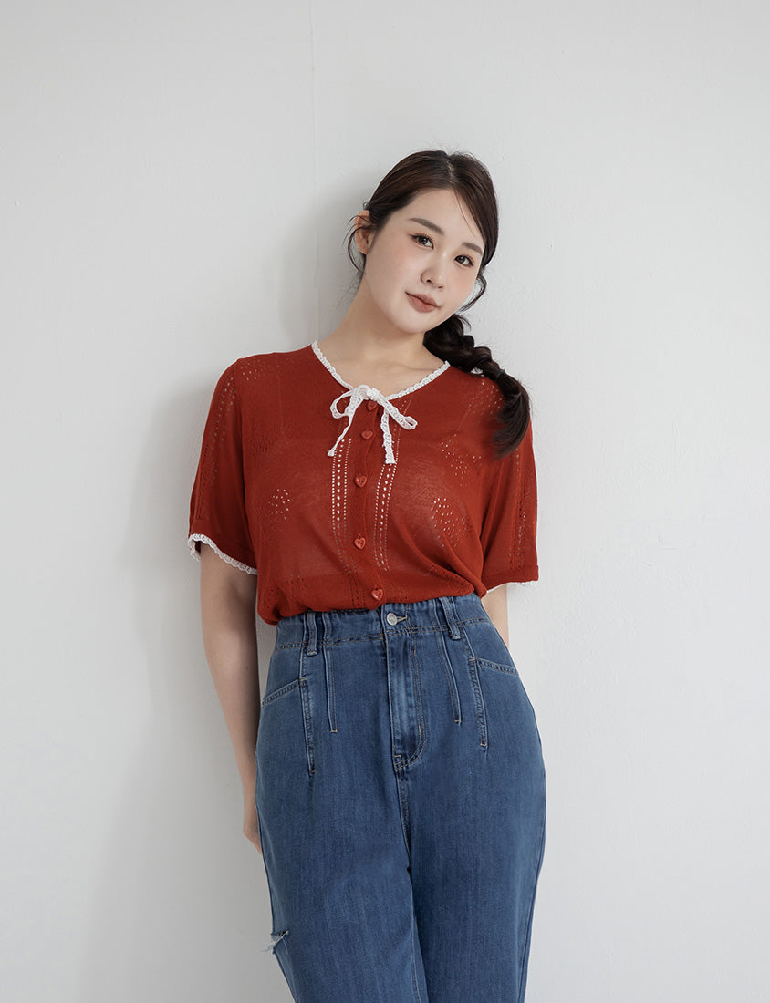 Lace Collar Heart Cutout Plus Size Knit Cardigan