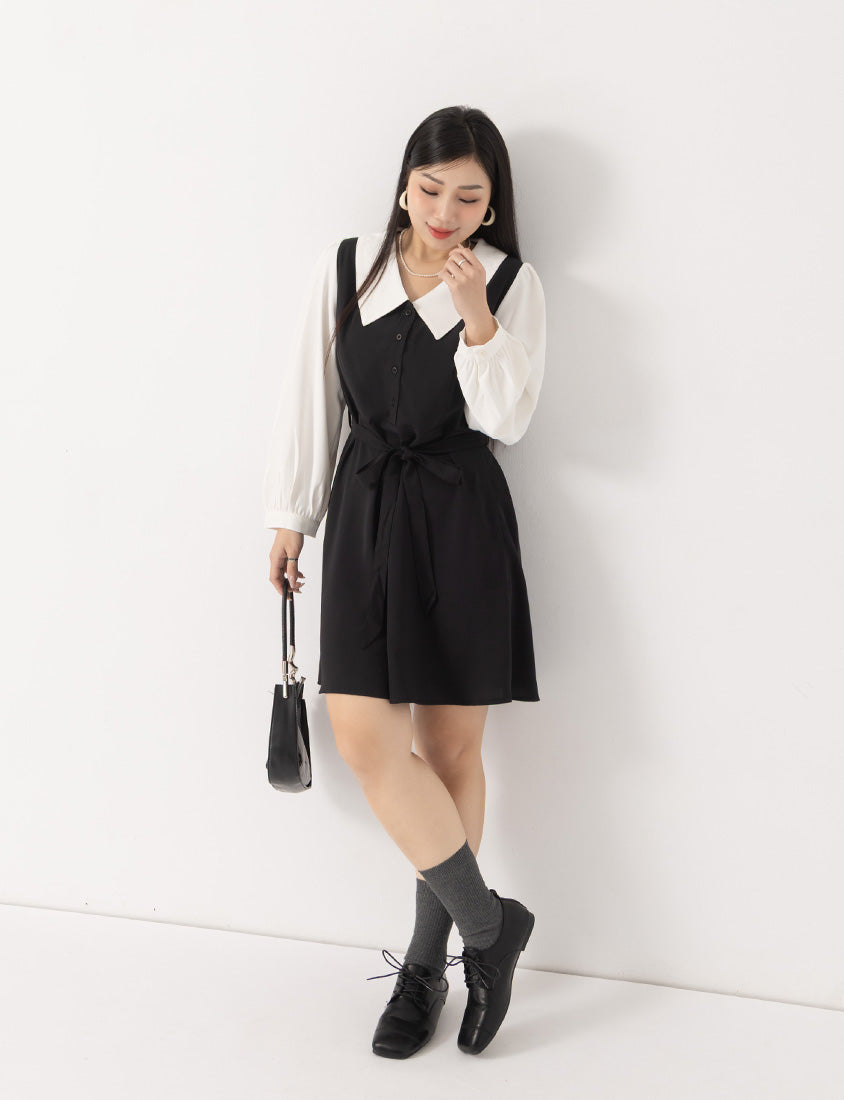 MISS. Faux Two Piece Chiffon Plus Size Long Sleeve Dress (With Waist Tie)