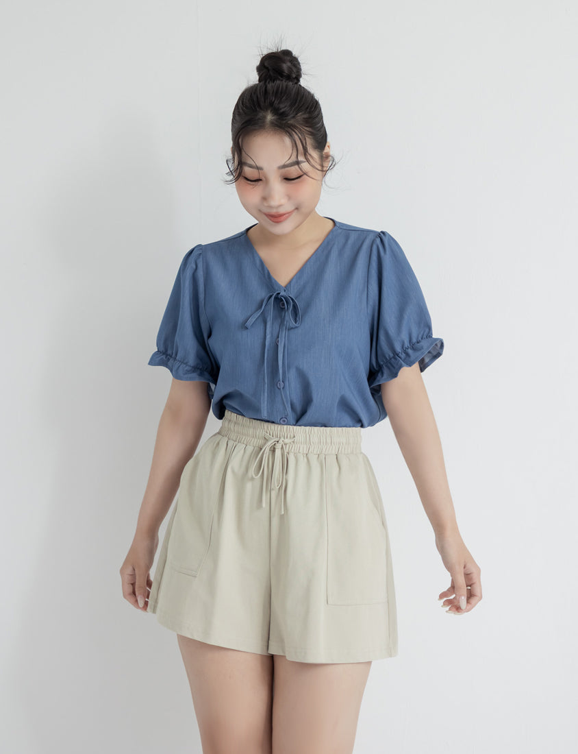 Cooling Tencel Silky Denim-Like Puff Sleeve Plus Size Shirt