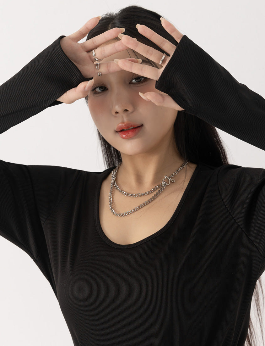 MUA! U-Neck Ribbed Curved Hem Plus Size Long Sleeve Top