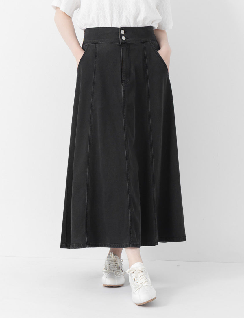 Lightweight Tencel Silky Denim Double Button Flare Plus Size Maxi Skirt