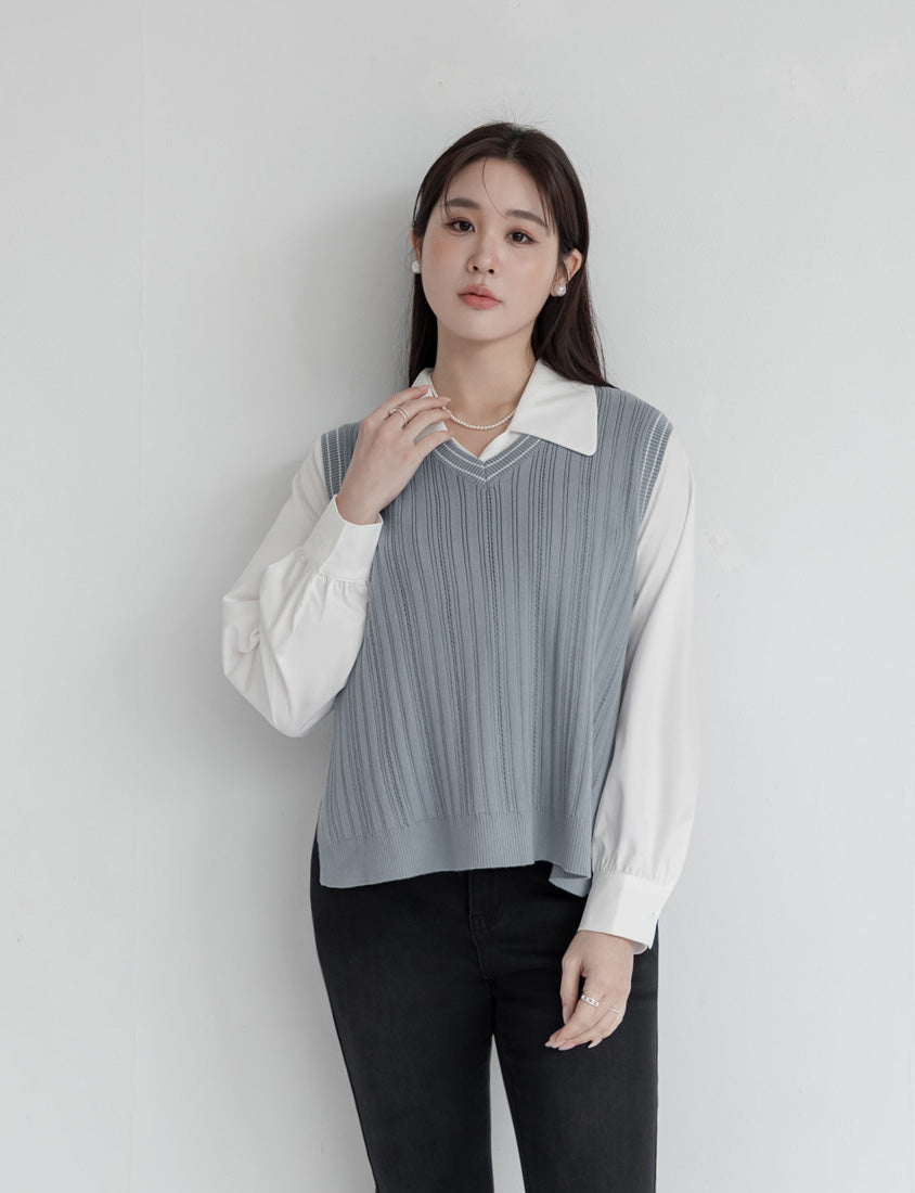 MISS. Korean Style Contrast V-Neck Plus Size Knit Vest