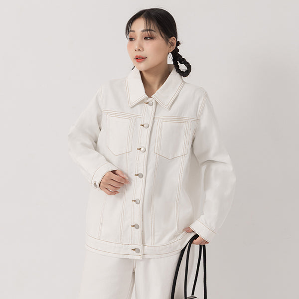 Relaxed Twill Colorblock Plus Size Topstitched Jacket (Unisex)