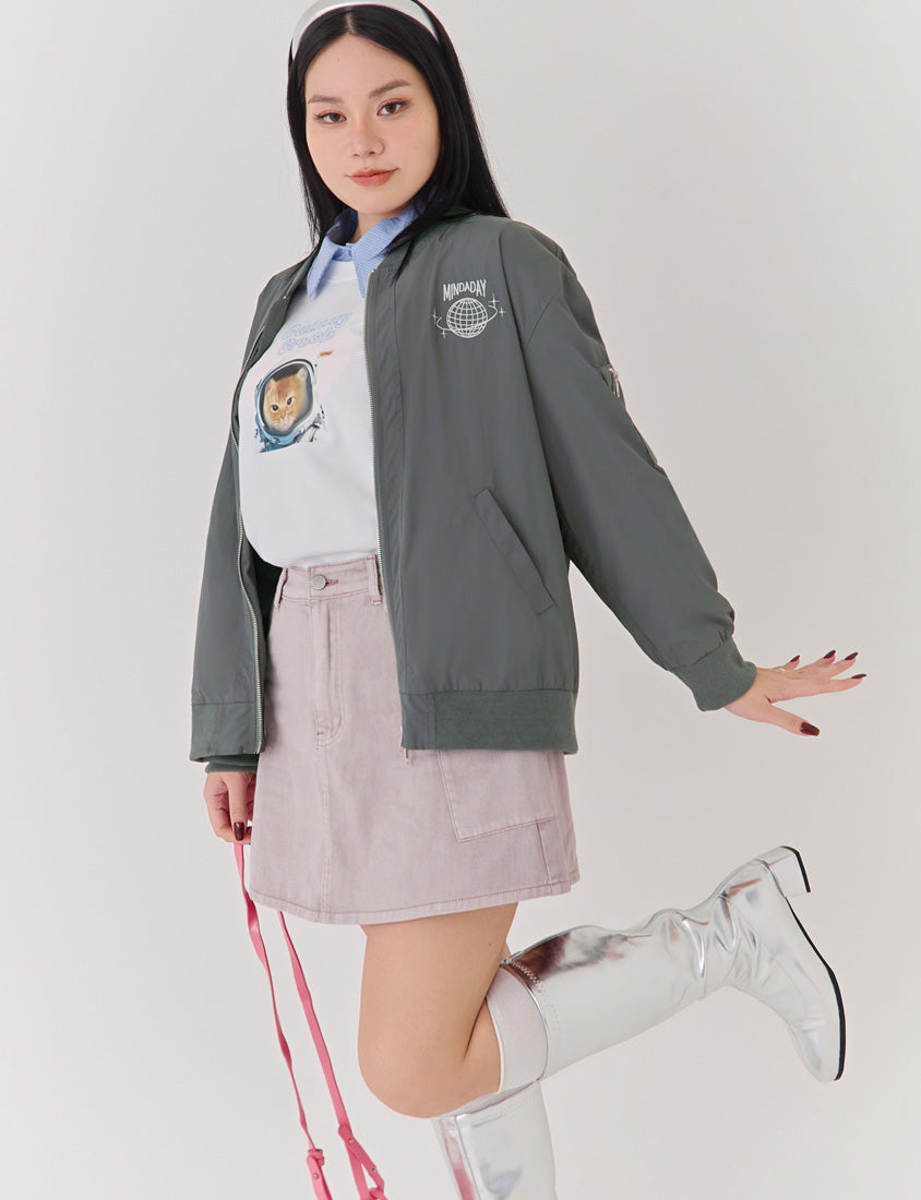 Future Planet Embroidered Relaxed Plus Size Bomber Jacket (Unisex) (MIND.A.DAY Collaboration)