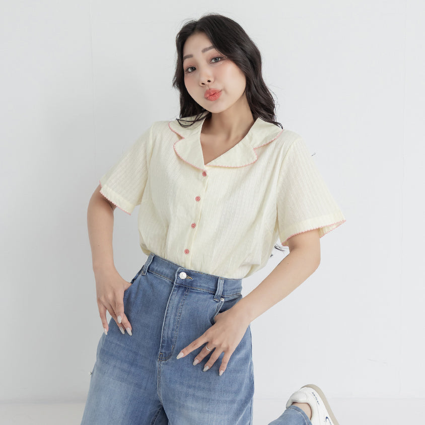 Cute Jacquard Contrast Cuban Collar Plus Size Shirt
