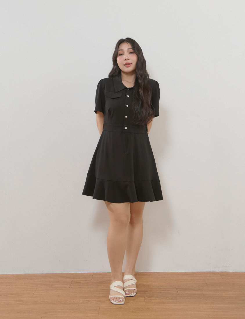 Elegant Heart Button Collar Plus Size Mini Dress