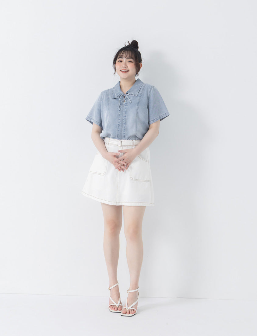 Tencel Silky Denim Tie-Front Collar Plus Size Top