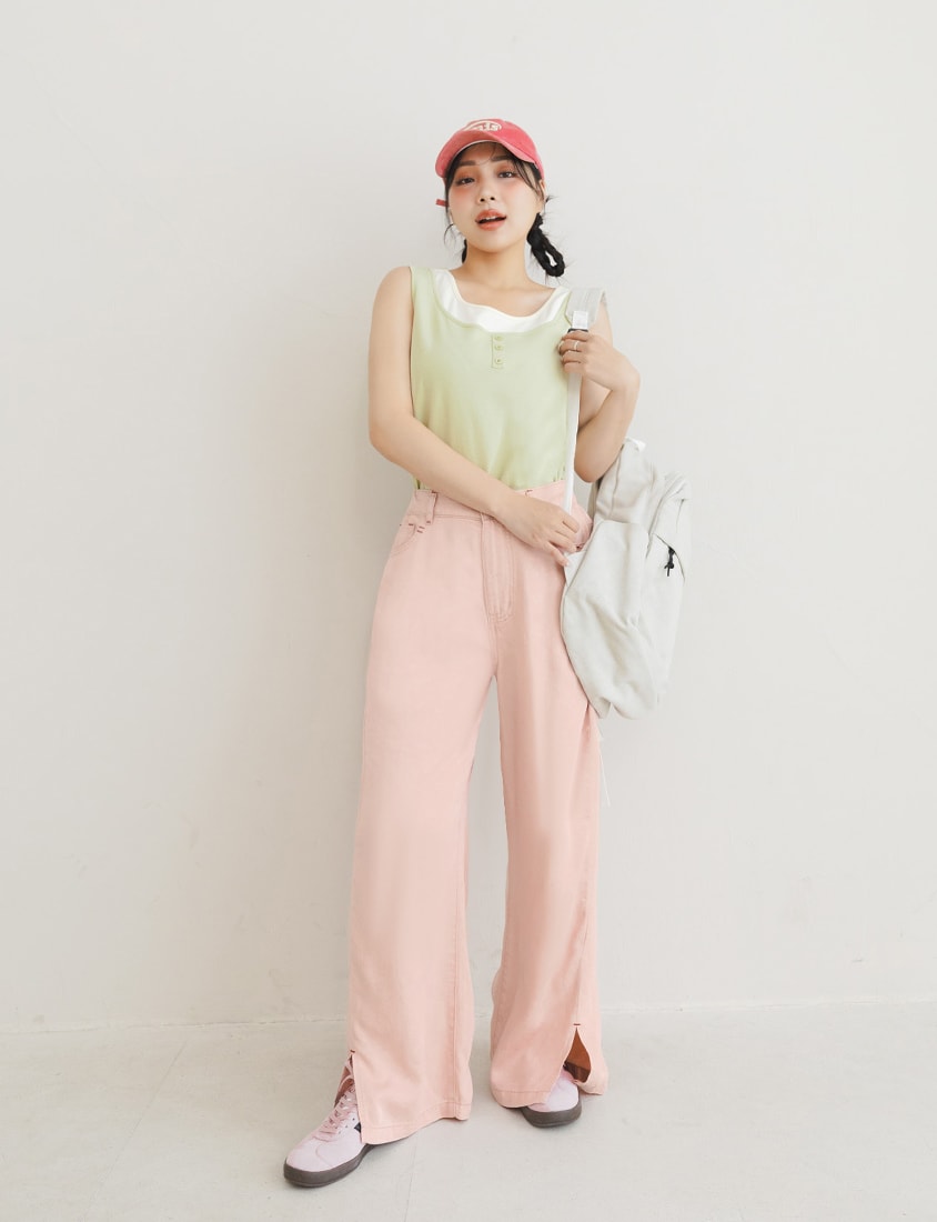Lyocell Cooling Contrast Stitch Slit Plus Size Wide-Leg Pants
