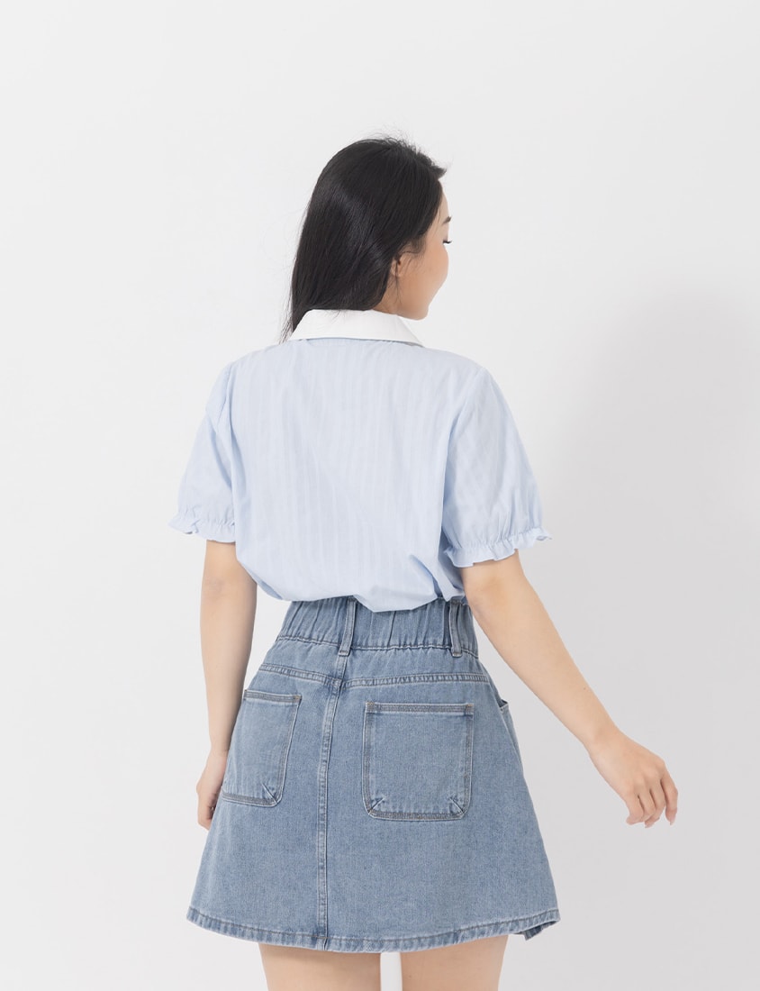 Sweet Pleated Collar Tie-Front Puff Sleeve Plus Size Shirt