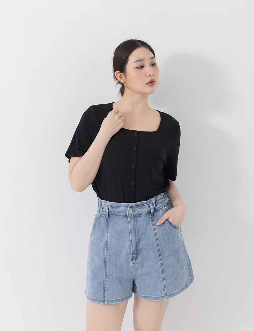Tencel Ribbed Faux Button Square Neck Plus Size Top