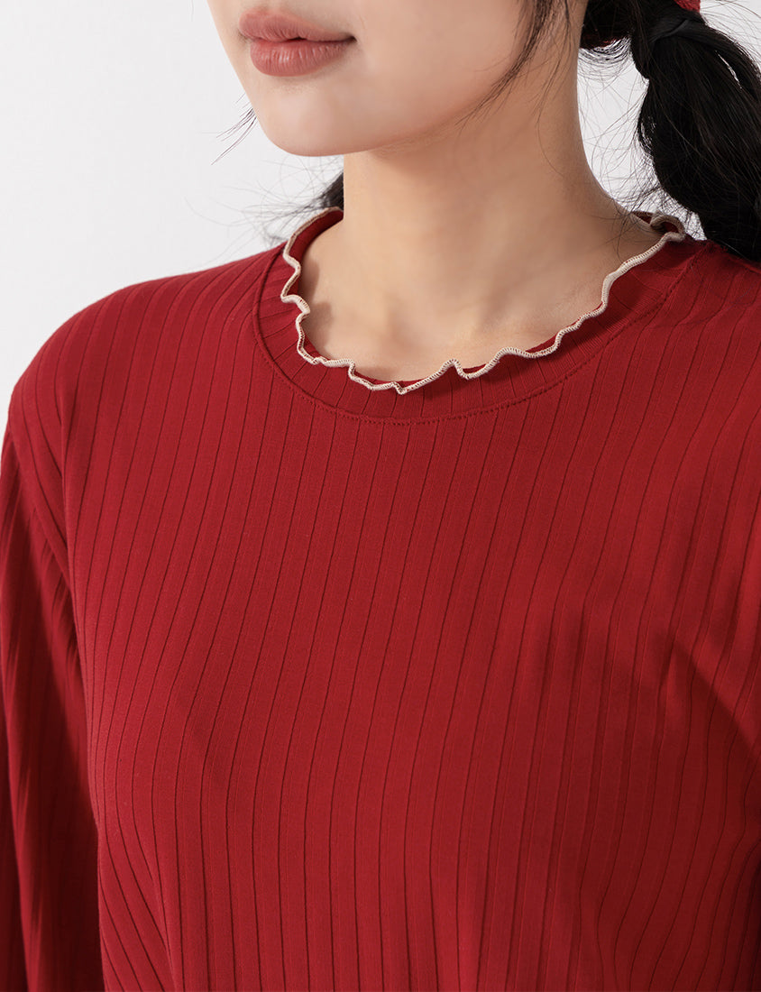 Soft Wide Ribbed Ruffle-Trim Long Sleeve Plus Size Top