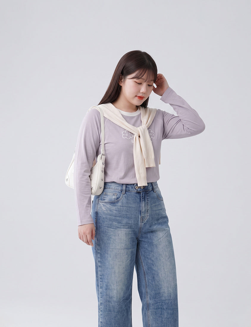 Contrast Floral Puff Print Long-Sleeve Plus Size Tee
