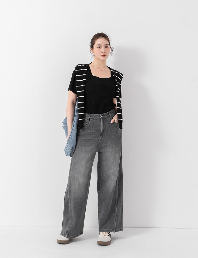 Classic Multicolor Square Neck Ribbed Knit Plus Size Top