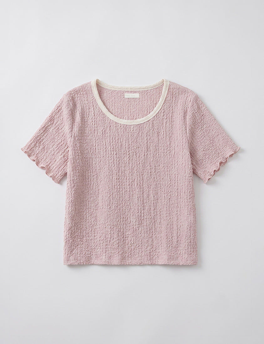 Sweet Colorful Contrast Trim Crinkle Plus Size Tee