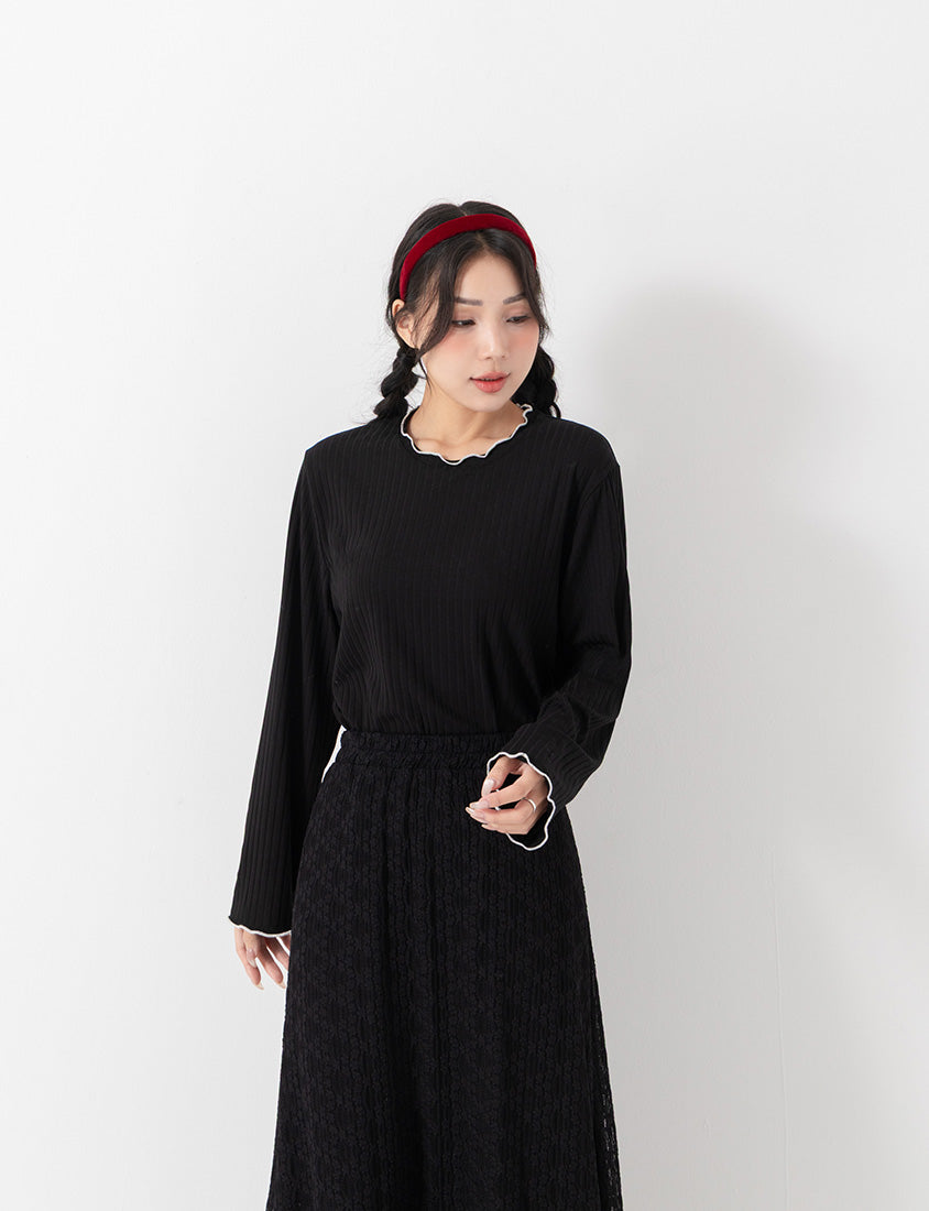 Soft Wide Ribbed Ruffle-Trim Long Sleeve Plus Size Top