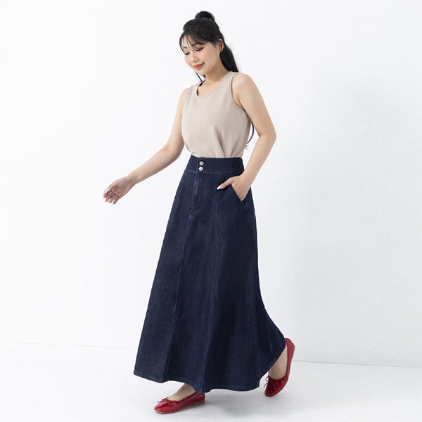 Lightweight Tencel Silky Denim Double Button Flare Plus Size Maxi Skirt