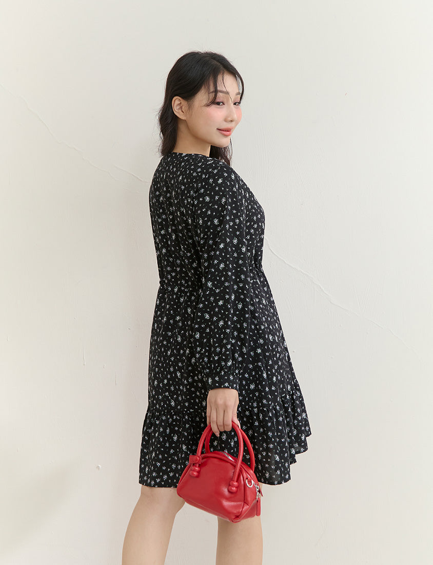 Early Spring Floral Tie-Front Long Sleeve Plus Size Mini Dress