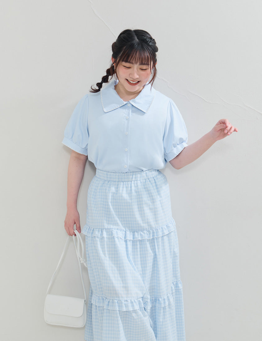 Contrast Embroidered Lace Puff Sleeve Plus Size Shirt