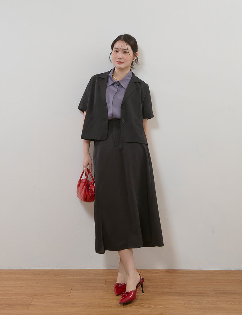 MISS. Silky Cool V-Waist Slit Tailored Plus Size Maxi Skirt