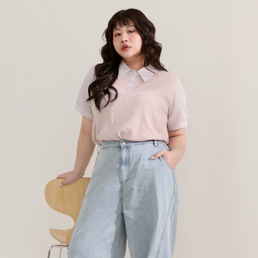 Waffle Knit Contrast Stripe Plus Size Top