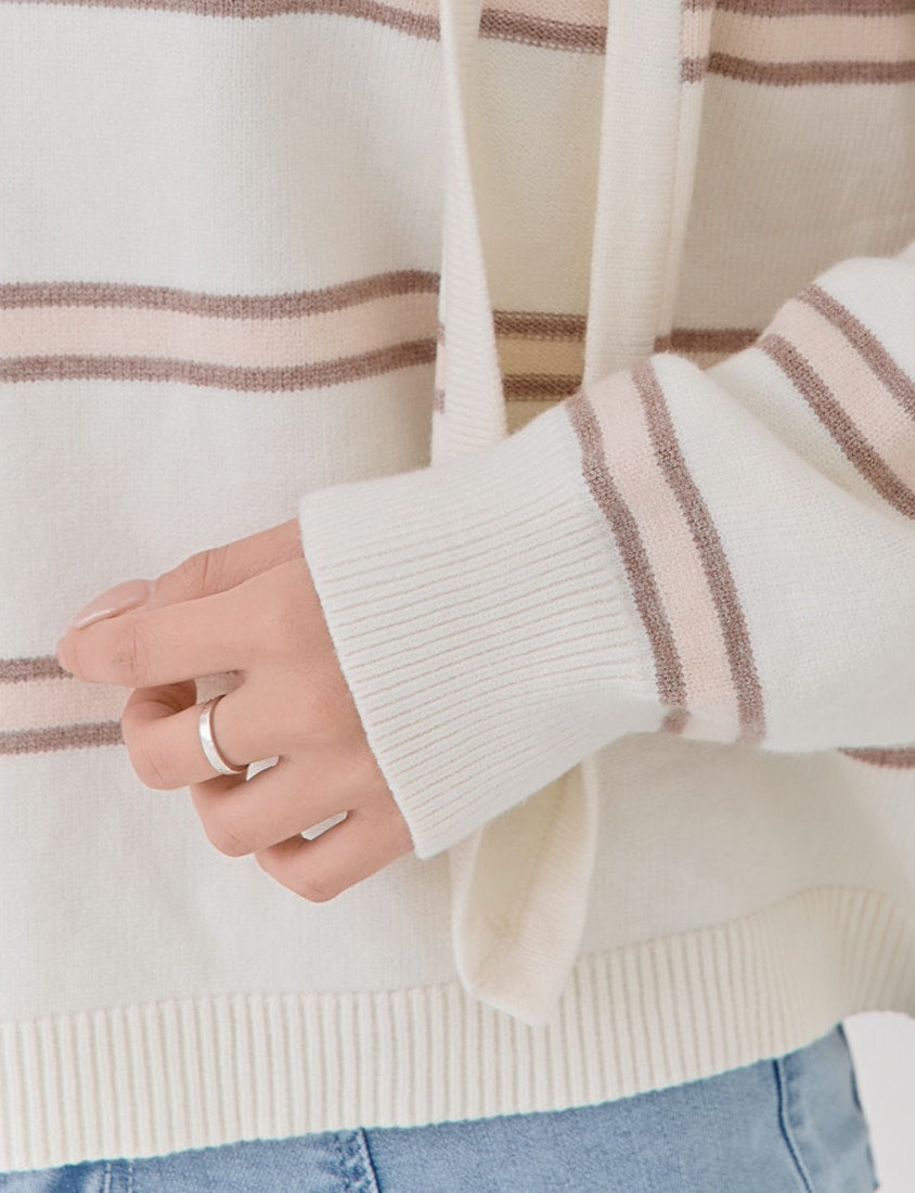 Japanese-Style Colorblock Striped Plus Size Knit Top (With Hooded Shawl)