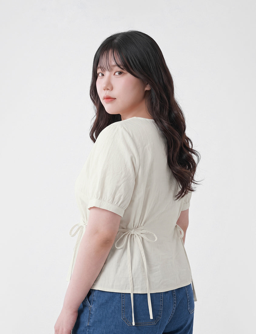 V-Neck Button Front Tie Waist Plus Size Top