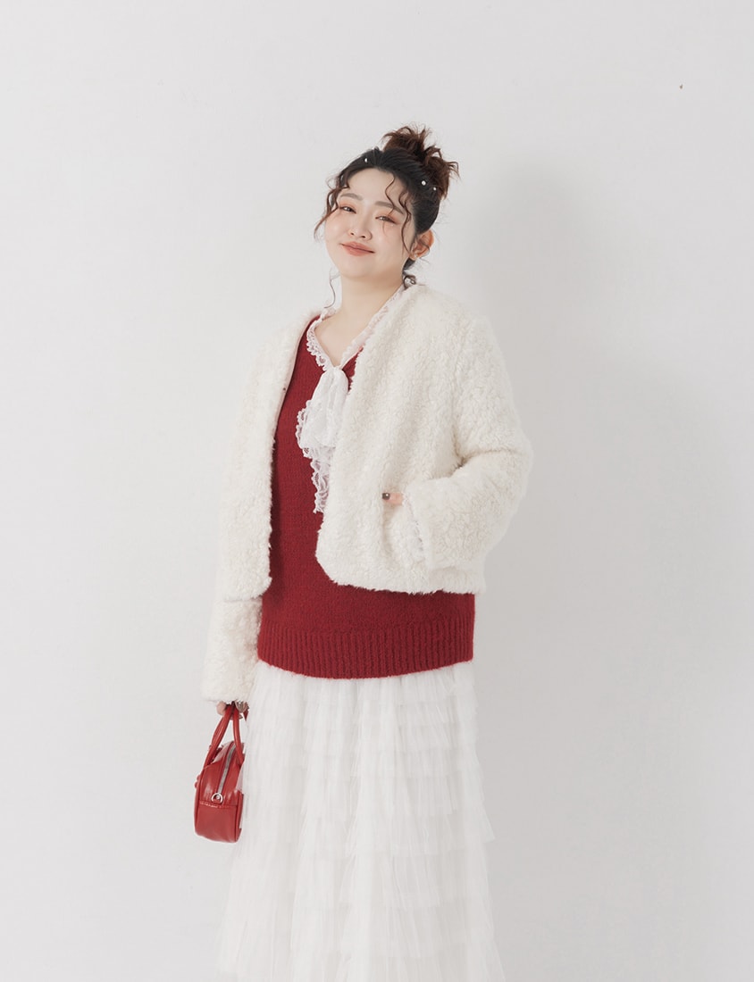 MISS. Japanese Style V-Neck Curly Knit Plus Size Cropped Jacket