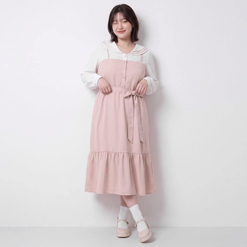 Contrast Sailor Collar Faux Two Piece Plus Size Maxi Dress (With Waist Tie)