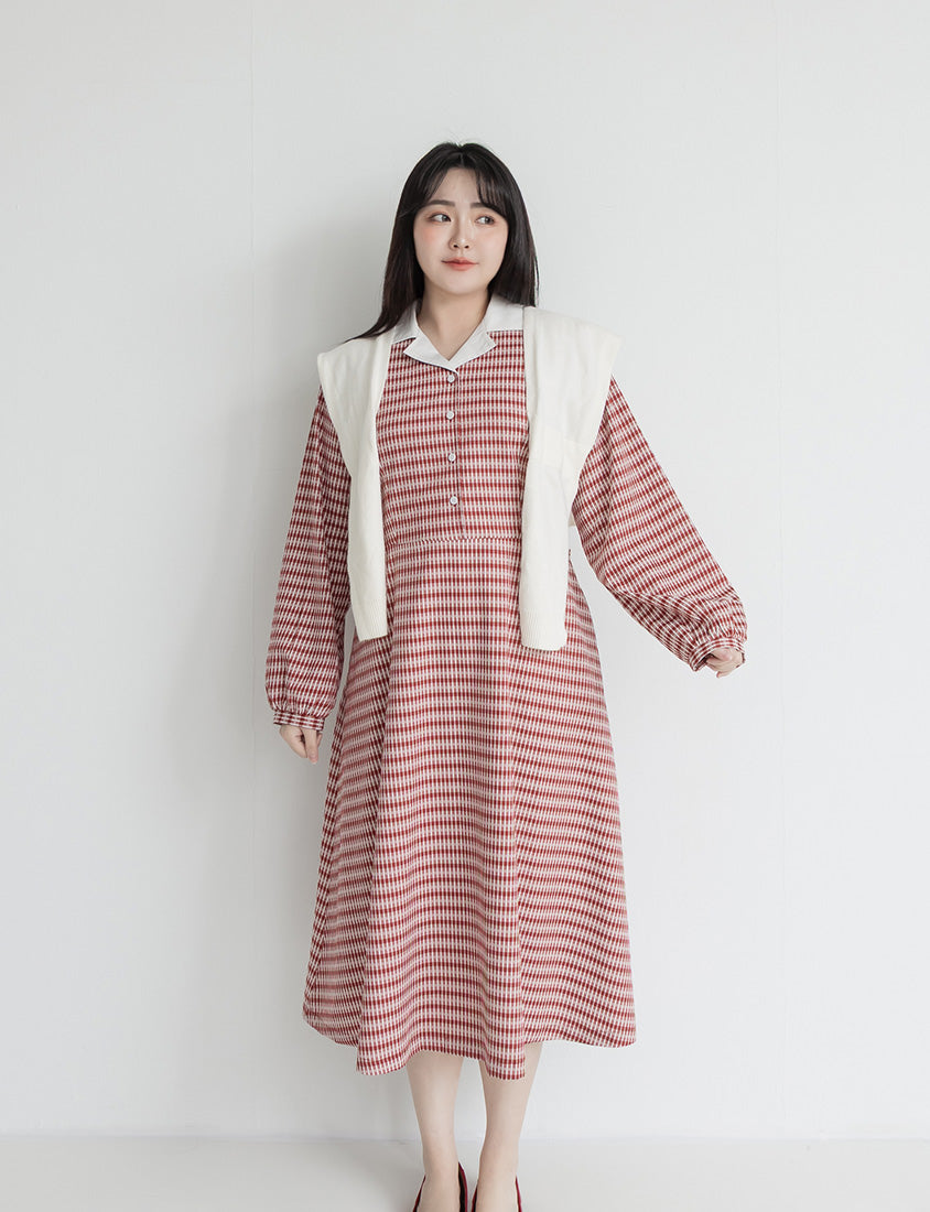 Contrast Cuban Collar Vintage Plaid Plus Size Maxi Dress
