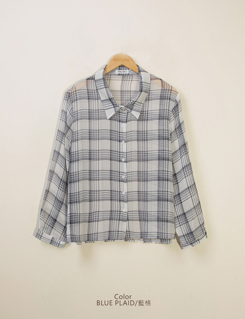 Crinkled Texture Sheer Plaid Plus Size Long Sleeve Shirt