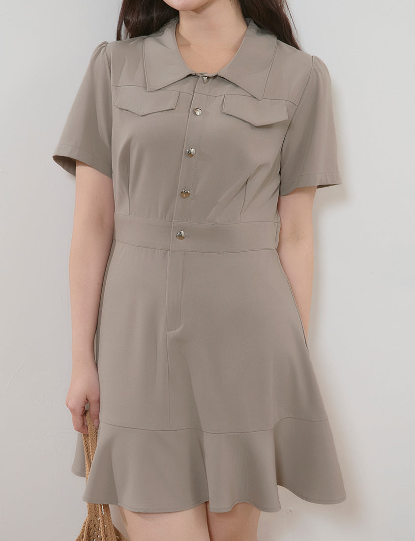 Elegant Heart Button Collar Plus Size Mini Dress