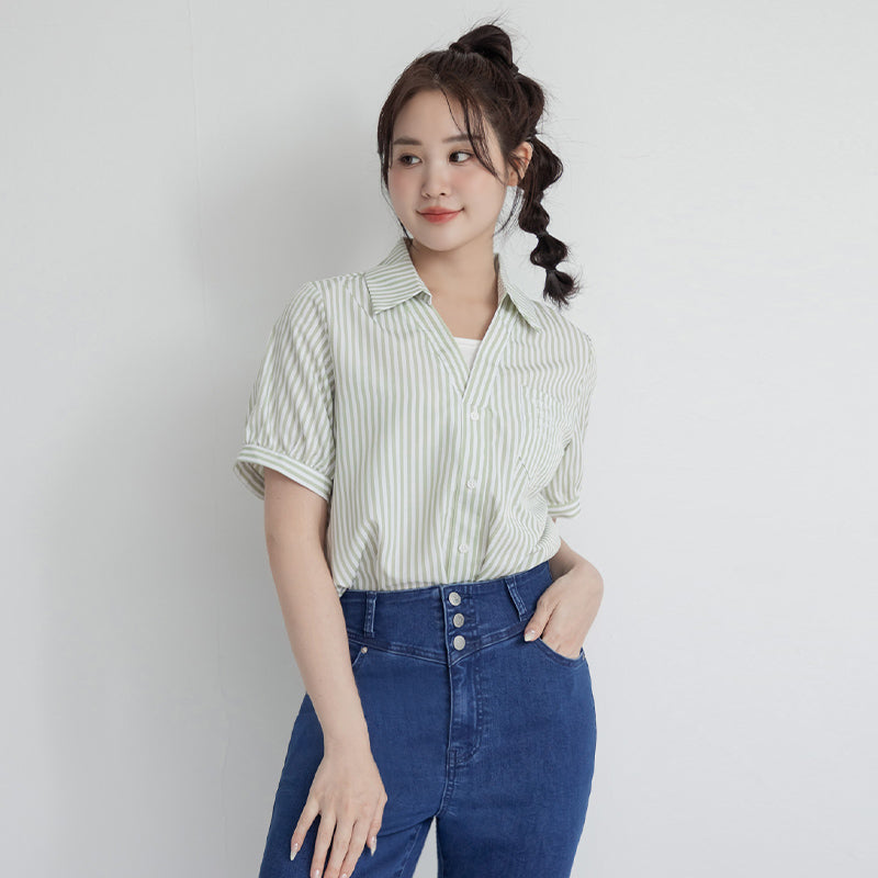 Faux Two Piece Stripe Collar Plus Size Top