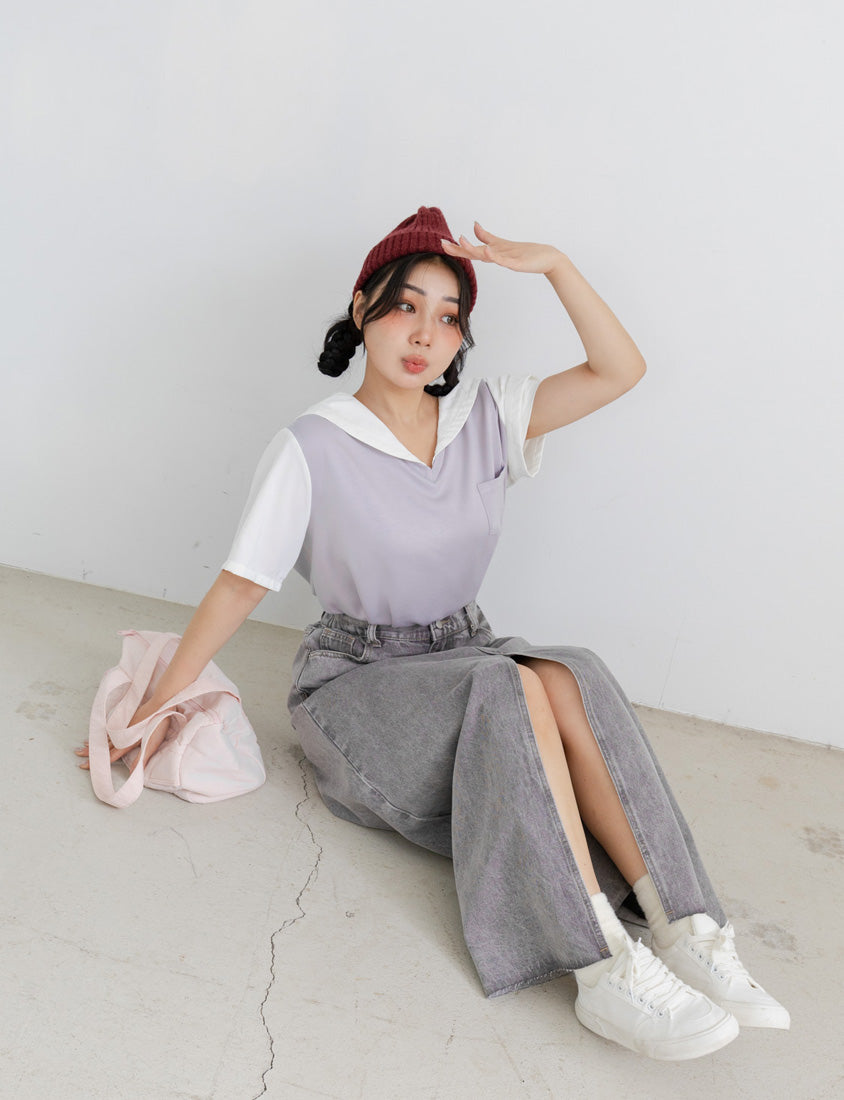 Space Cotton Sailor Collar Faux Two-Piece Plus Size Top