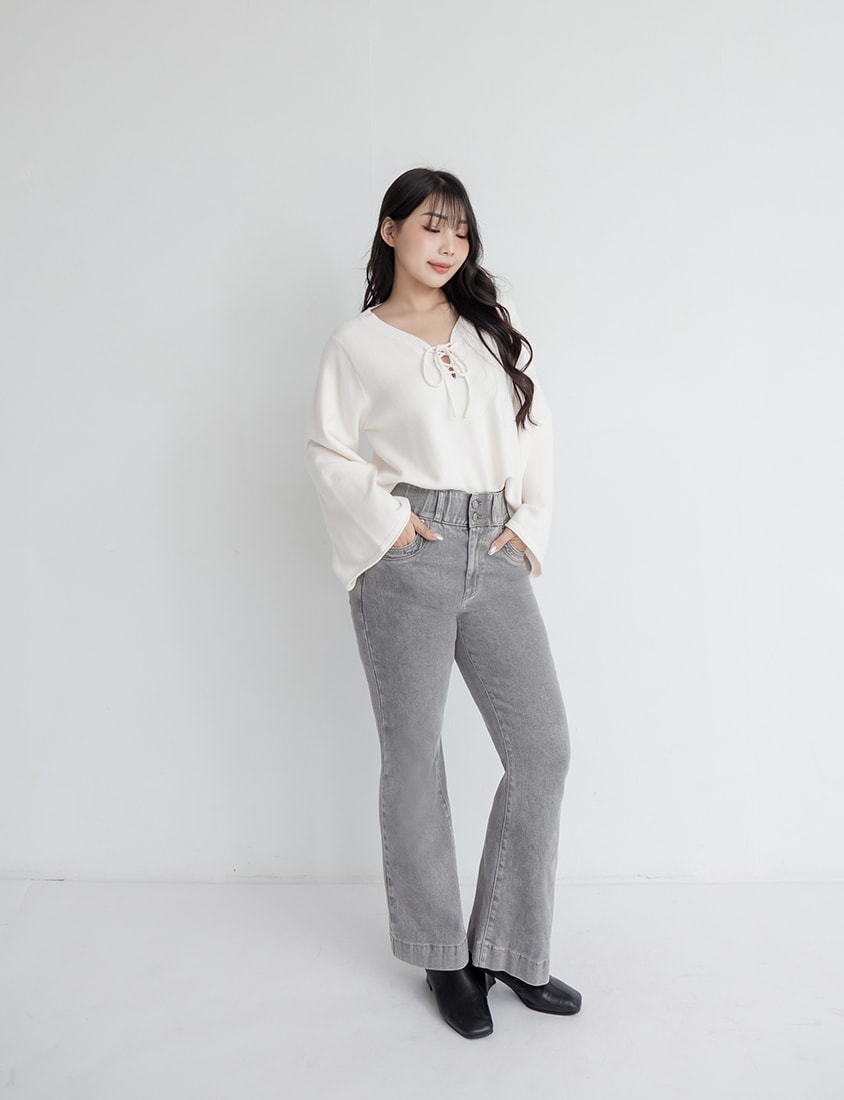 V-Neck Tie Flare Sleeve Plus Size Knit Top