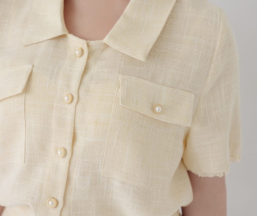 MISS. Tweed Fringe Trim Pearl Button Plus Size Blouse