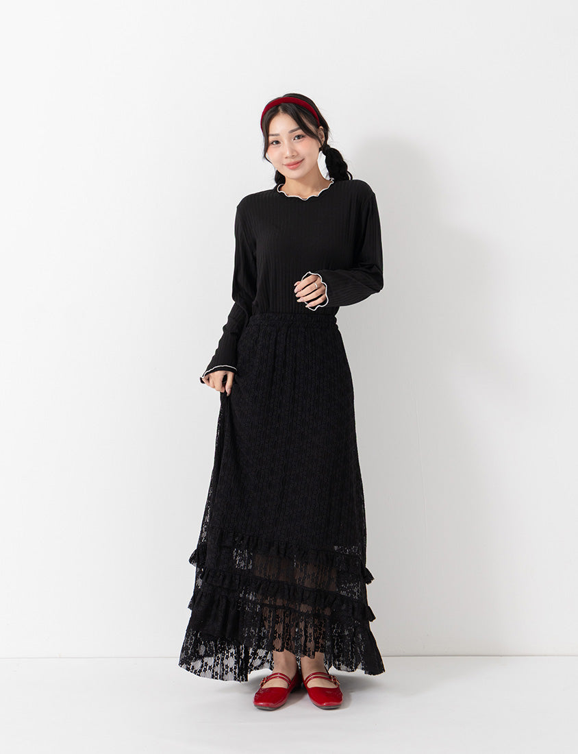 Soft Wide Ribbed Ruffle-Trim Long Sleeve Plus Size Top