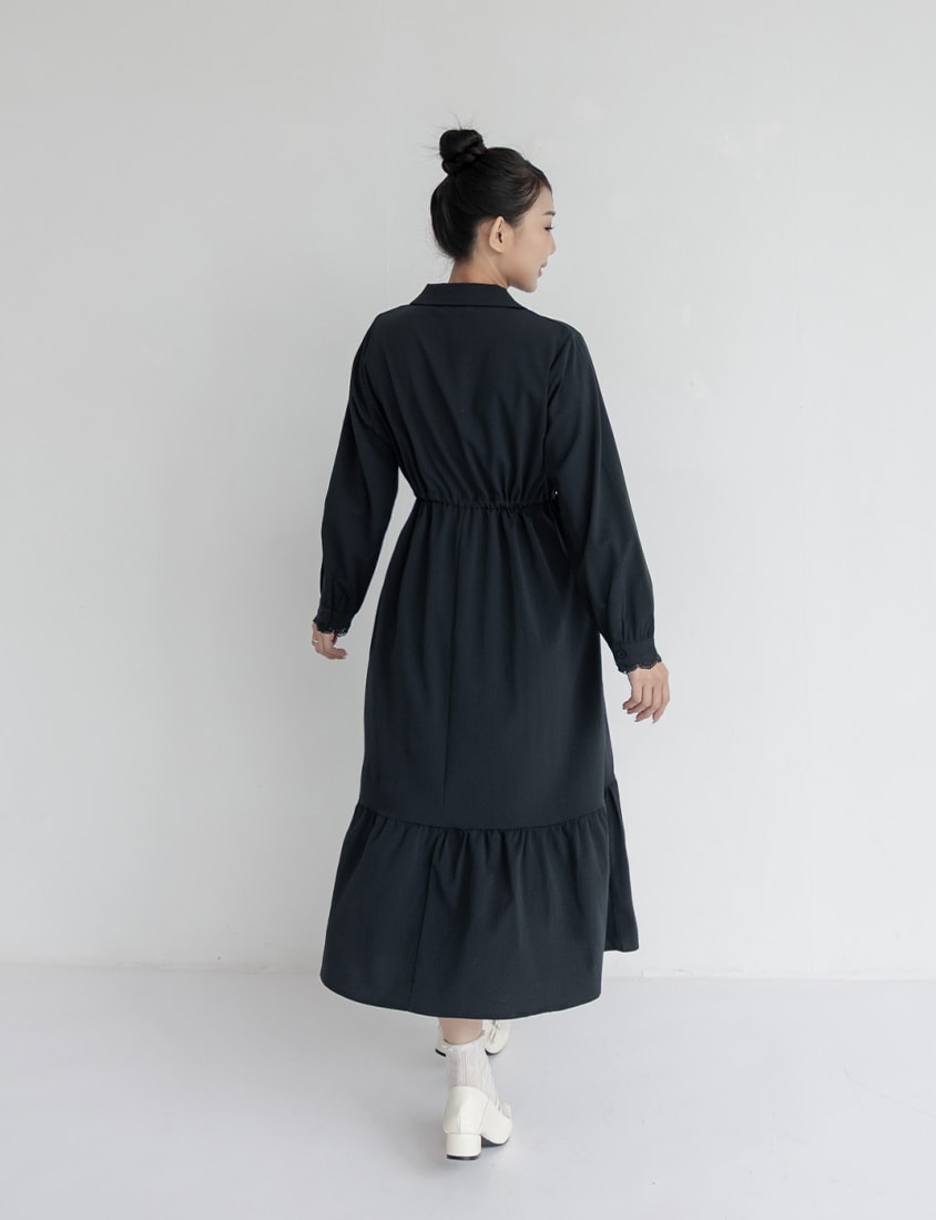 Cuban Collar Drawstring Waist Tiered Plus Size Dress