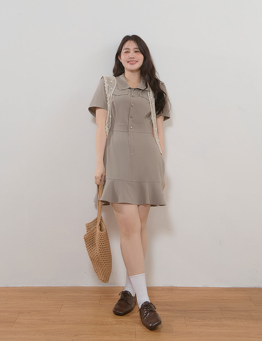 Elegant Heart Button Collar Plus Size Mini Dress