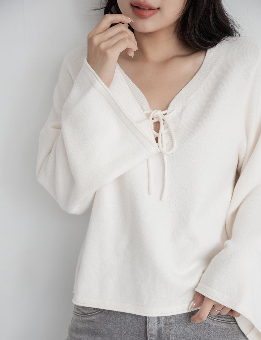 V-Neck Tie Flare Sleeve Plus Size Knit Top