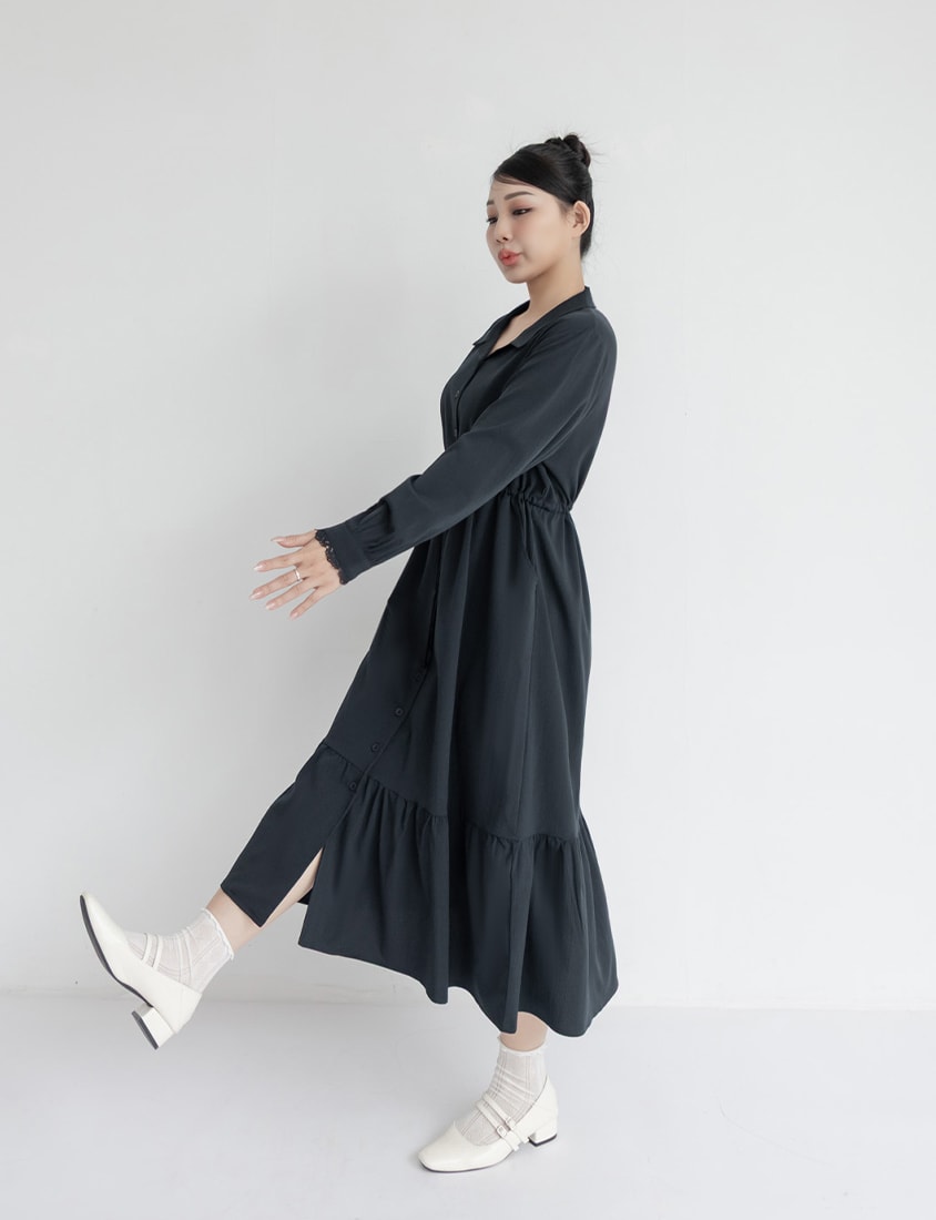 Cuban Collar Drawstring Waist Tiered Plus Size Dress