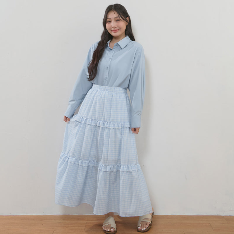 Japanese Style Sweet Tiered Plaid Plus Size Maxi Skirt