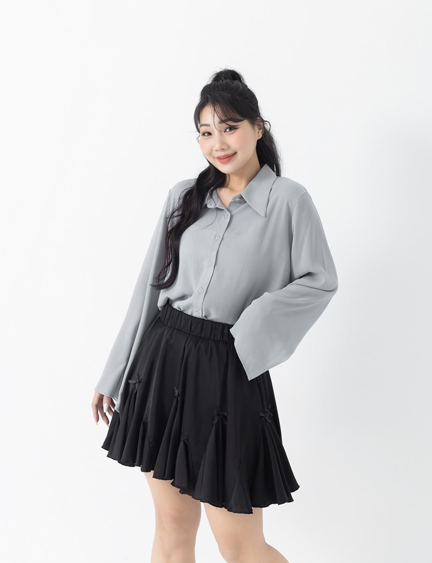 Sheer Crinkle Bell Sleeve Cropped Plus Size Shirt