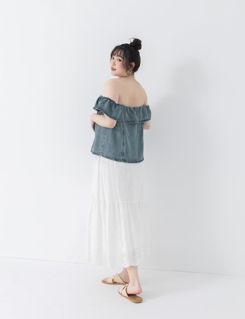 Tencel Silky Denim Ruffle Plus Size Off-Shoulder Top