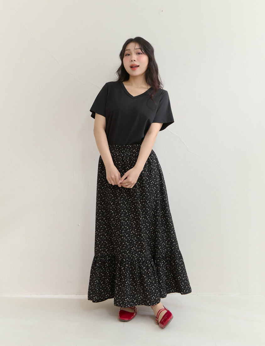 Soft Floral Full Elastic Waist Plus Size Tiered Maxi Skirt