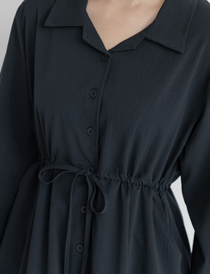 Cuban Collar Drawstring Waist Tiered Plus Size Dress